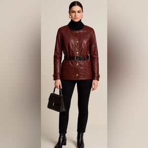 Louis Vuitton Burgundy Leather Jacket Belted Monogram Lining Women’s 38